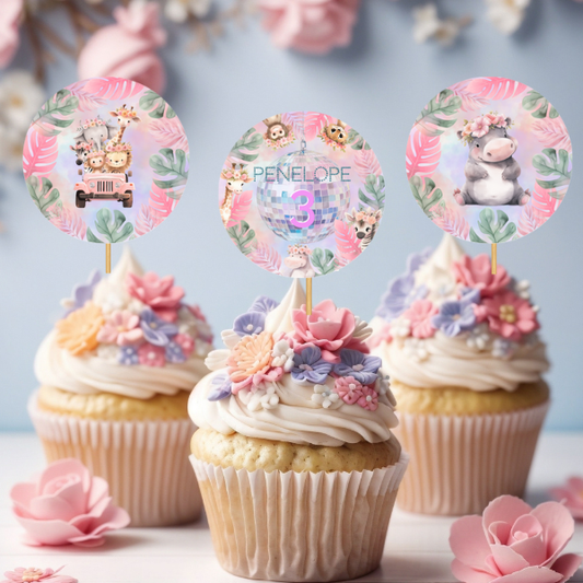 3rd Birthday Party Cupcake Toppers - Pastel Cute Jungle Animals