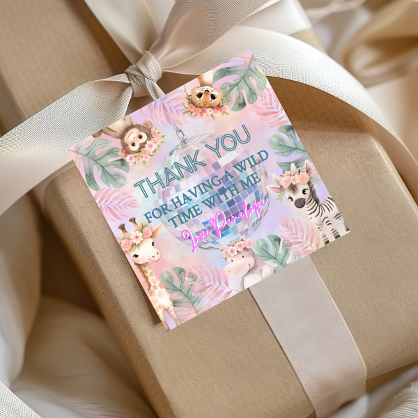 3rd Birthday Party Gift Tag - Pastel Cute Jungle Animals