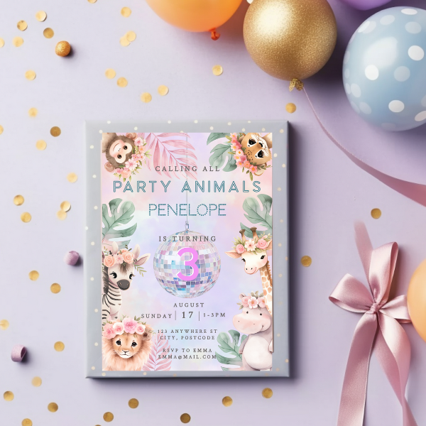 3rd Birthday Party Invitation - Pastel Cute Jungle Animals