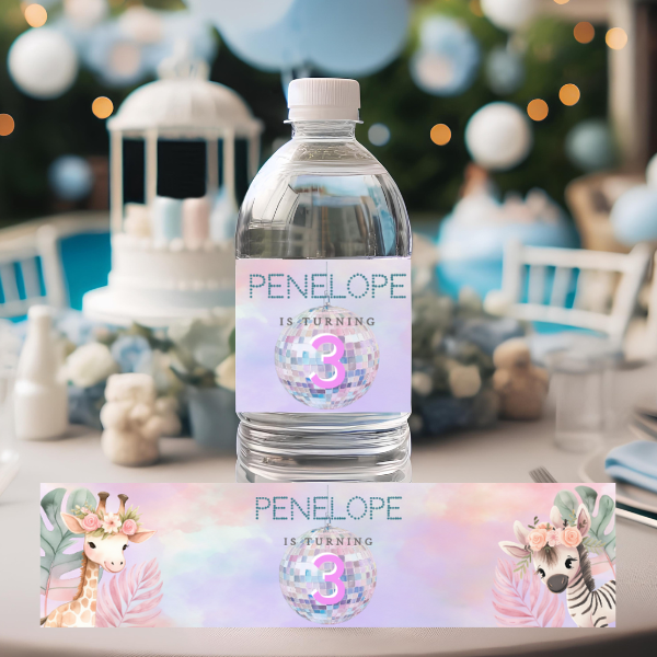 3rd Birthday Party Water Bottle Label - Pastel Cute Jungle Animals