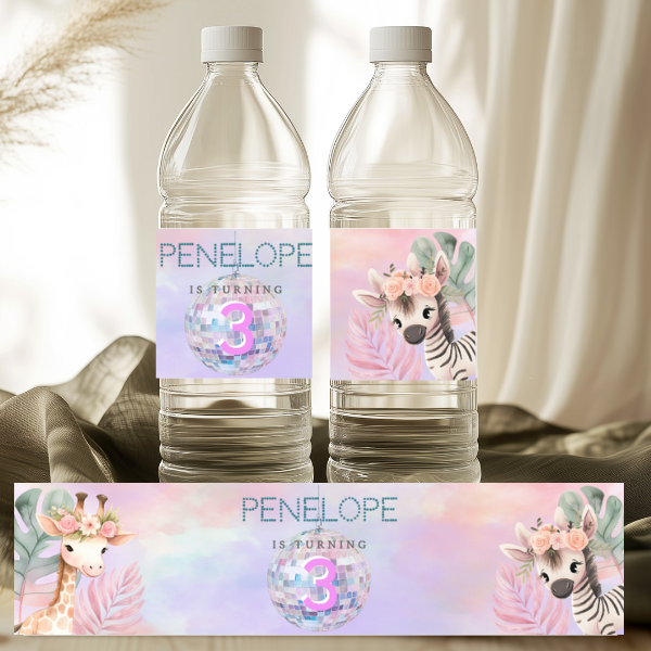 3rd Birthday Party Water Bottle Label - Pastel Cute Jungle Animals
