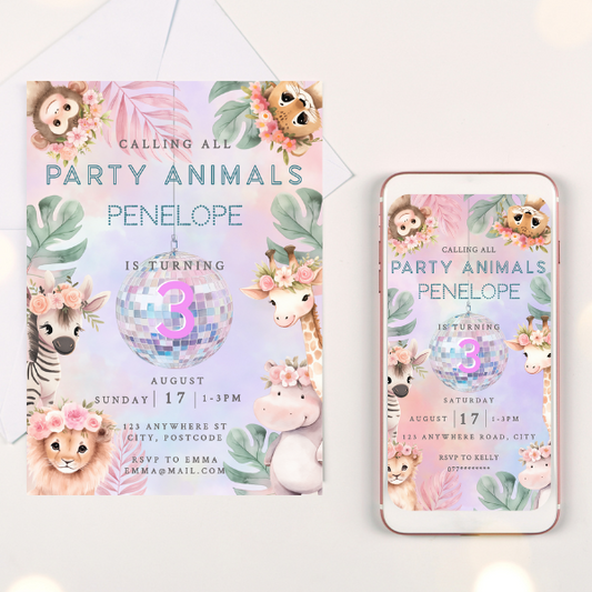 3rd Birthday Party Invitation and Mobile Evite Option - Pastel Cute Jungle Animals