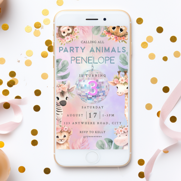3rd Birthday Party Invitation and Mobile Evite Option - Pastel Cute Jungle Animals