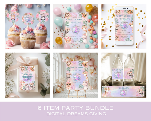3rd Birthday Party Bundle- Pastel Cute Jungle Animals