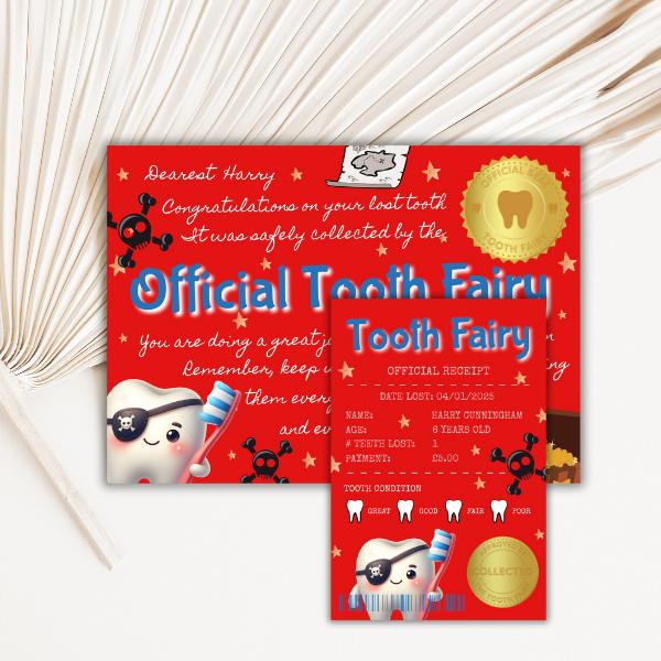 Official Tooth Fairy Certificate and Receipt for Children's Lost Tooth - Pirate Theme
