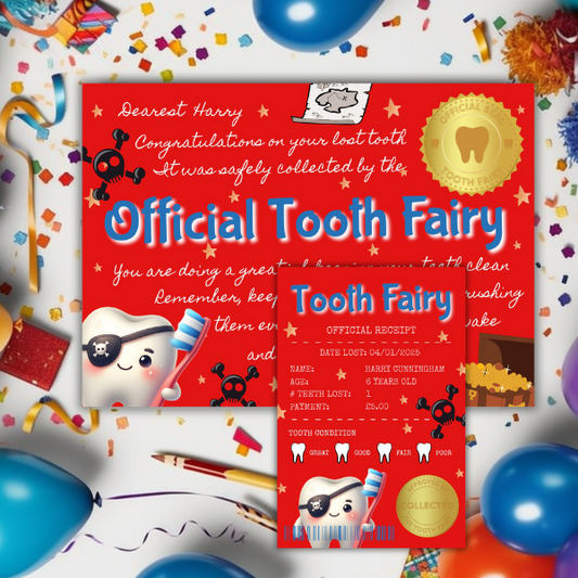 Official Tooth Fairy Certificate and Receipt for Children's Lost Tooth - Pirate Theme
