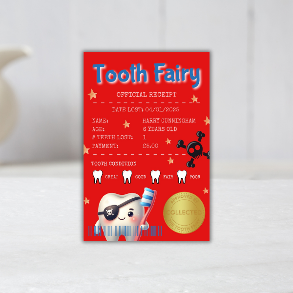 Official Tooth Fairy Certificate and Receipt for Children's Lost Tooth - Pirate Theme