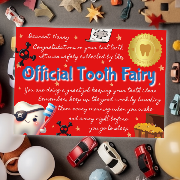 Official Tooth Fairy Certificate and Receipt for Children's Lost Tooth - Pirate Theme