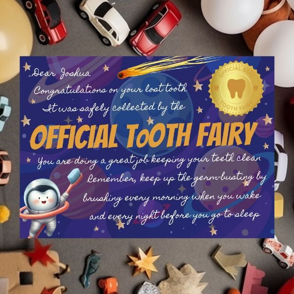 Official Tooth Fairy Certificate and Receipt for Children's Lost Tooth - Space Theme