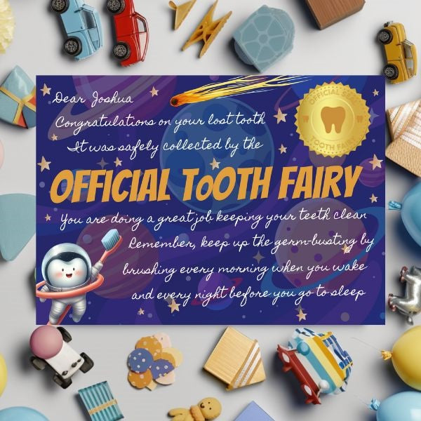 Official Tooth Fairy Certificate and Receipt for Children's Lost Tooth - Space Theme