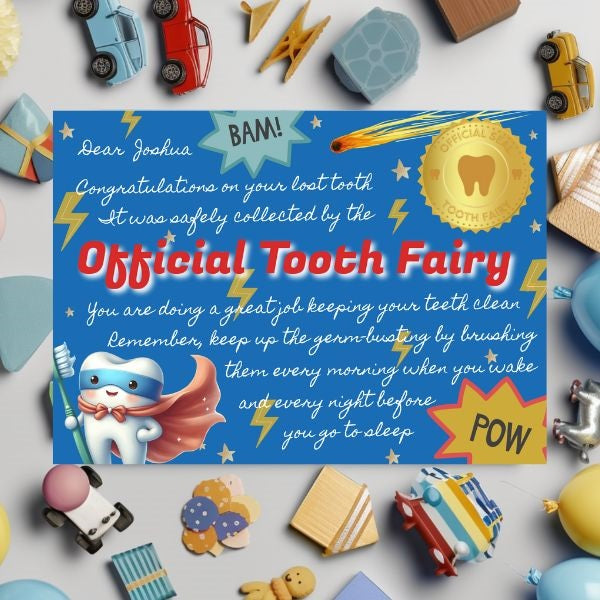 Official Tooth Fairy Certificate and Receipt for Children's Lost Tooth - Superhero Theme