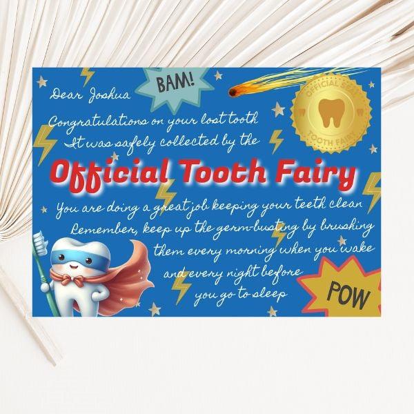 Official Tooth Fairy Certificate and Receipt for Children's Lost Tooth - Superhero Theme