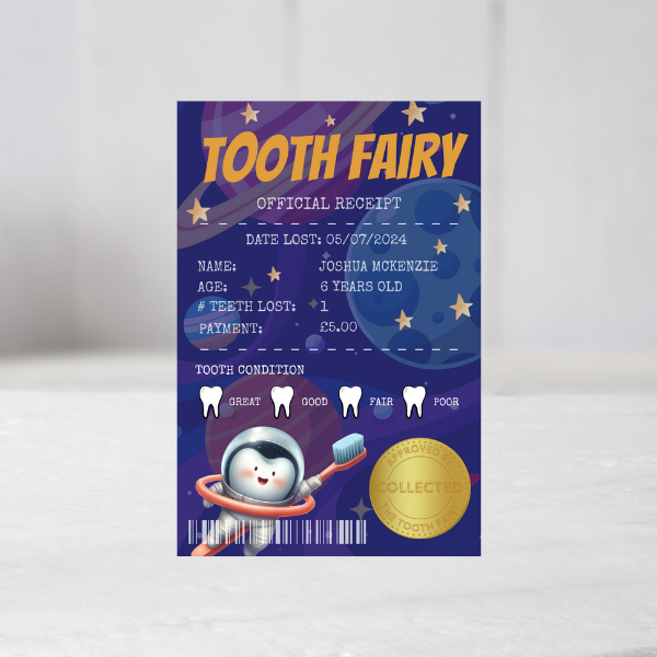 Official Tooth Fairy Certificate and Receipt for Children's Lost Tooth - Space Theme