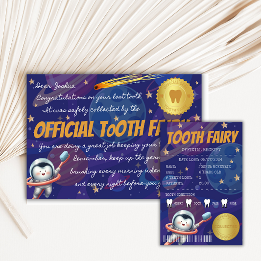 Official Tooth Fairy Certificate and Receipt for Children's Lost Tooth - Space Theme