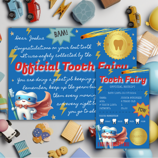 Official Tooth Fairy Certificate and Receipt for Children's Lost Tooth - Superhero Theme