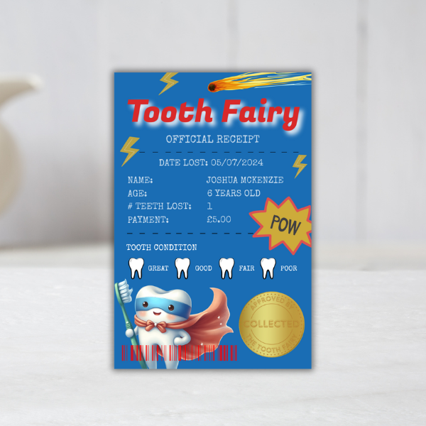 Official Tooth Fairy Certificate and Receipt for Children's Lost Tooth - Superhero Theme