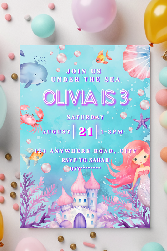 3rd Birthday Mermaid Invitation, Ocean Animals Under the Sea Theme