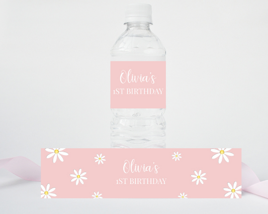 Pink Daisy First Birthday Water Bottle Label, Flower Theme