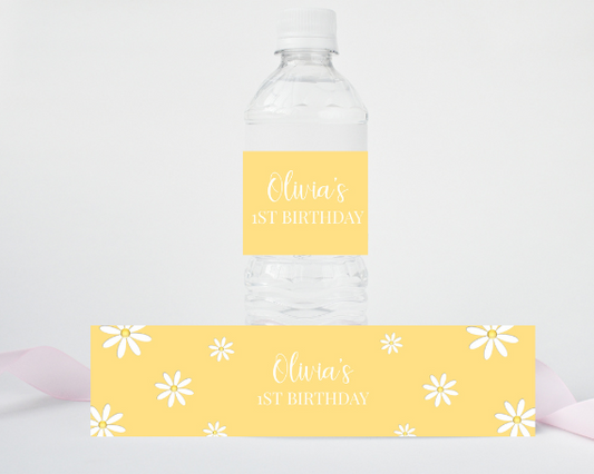 Yellow Daisy First Birthday Water Bottle Label, Flower Theme, Neutral