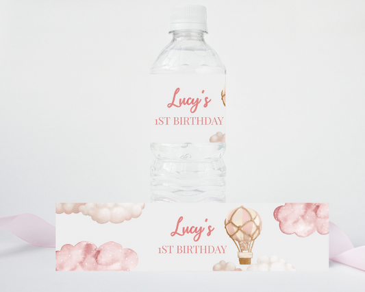 Isn't She Onederful Pink Hot Air Balloon Water Bottle Label, Up In The Clouds Theme, First Birthday